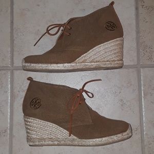 Tory Burch canvas espadrille wedge booties